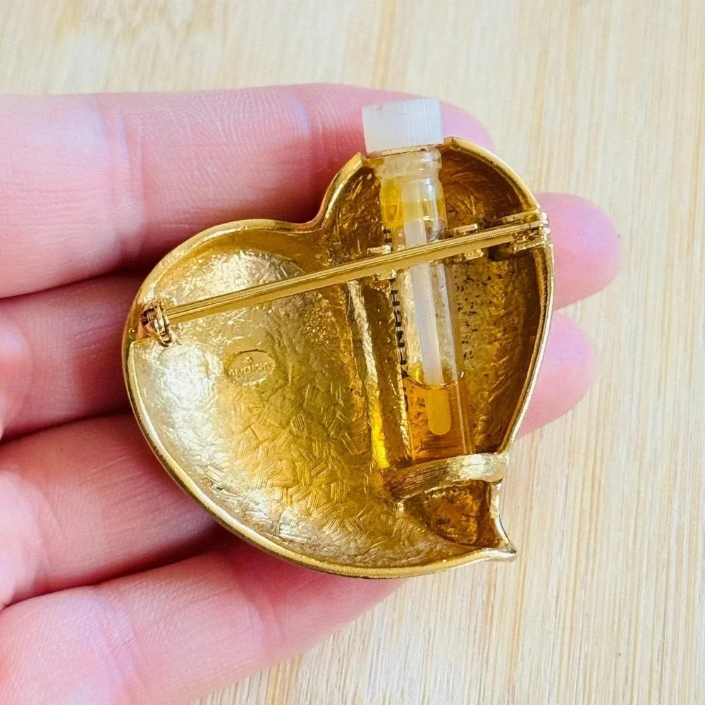 VTG Givenchy Puffy Heart Brooch Pin Perfume Holder‎ Satin Gold Chunky Iconic 90s